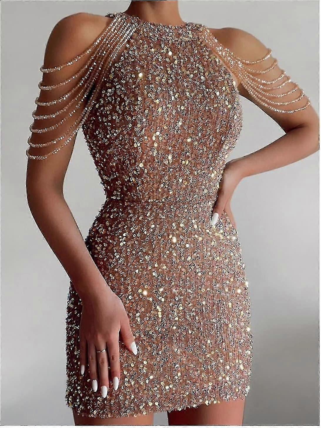 Shimmery Gold Sequin Mini Dress Long Sleeve Bodycon Fit Evening Party Dress