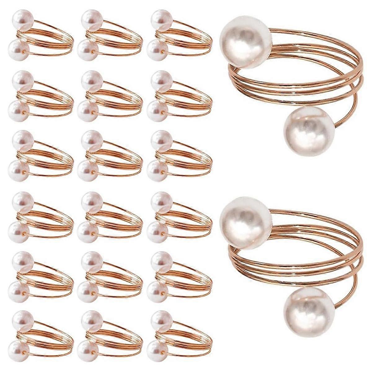 20Pack Rose Gold Napkin Rings, Pearl Napkin Ring Set, Metal Spring Napkin Holder Table , Napkin Rin