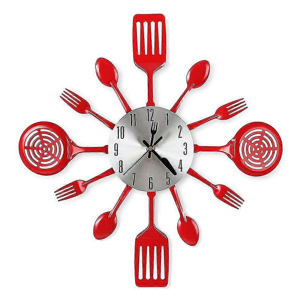 16 Inch Kitchen Wall Clocks With Spoons And Forks,3d Tableware Wall Clock Room (red)