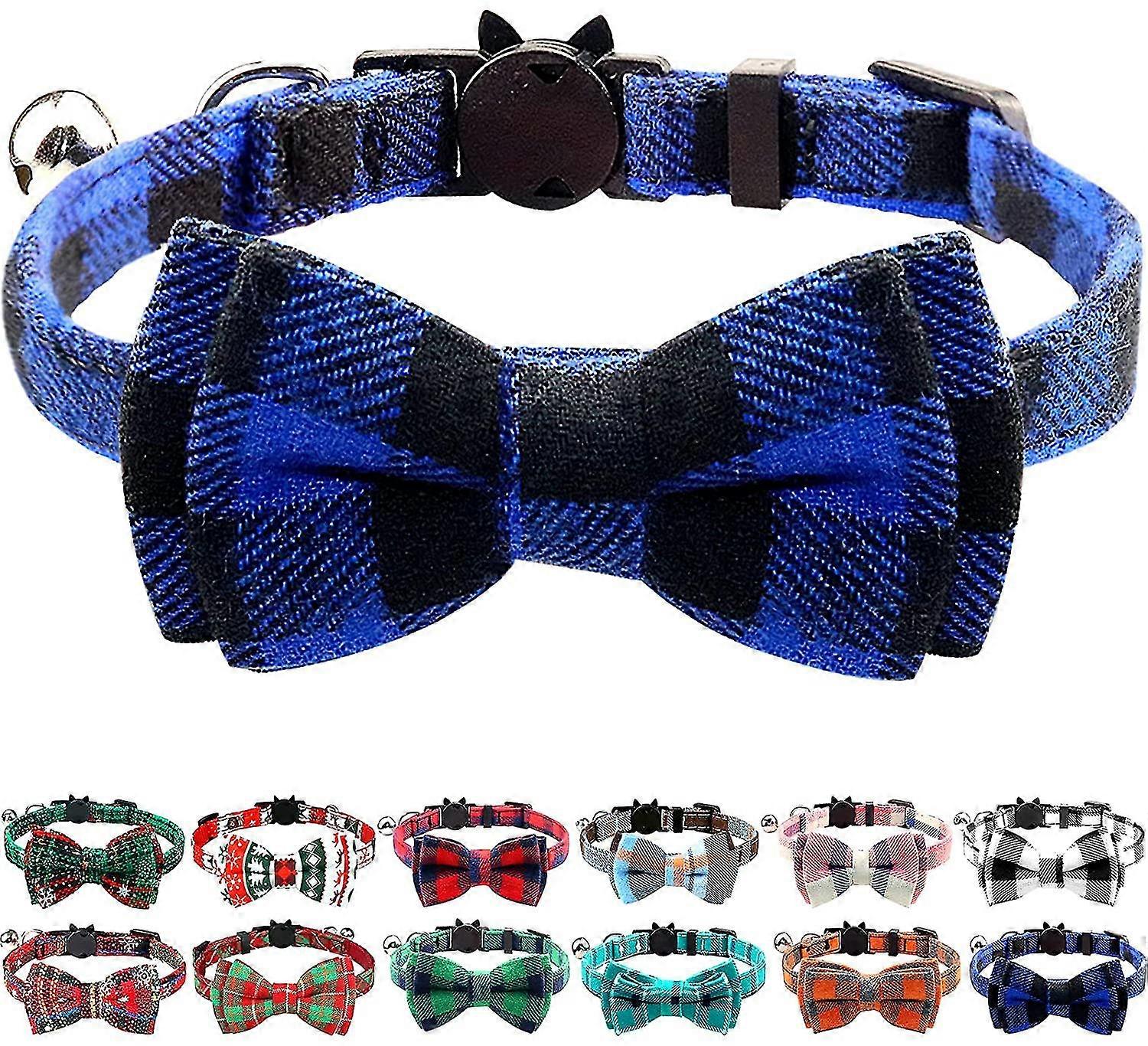 blue cat with bow tie and bells, cute check pattern