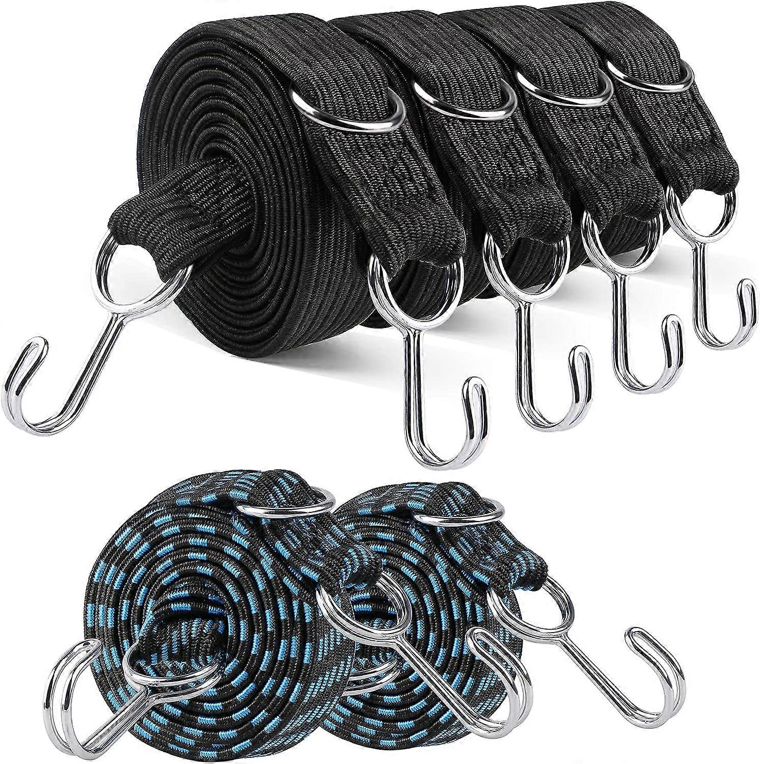 Set of 6 bungee cords with hooks, 4 extra long 3m elastic straps and 2 blue elastic cords of 2m