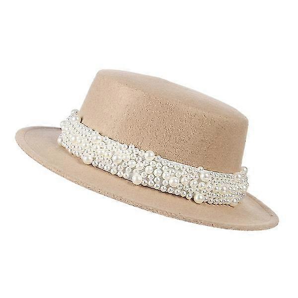 Winter Felt Fedoras For   Flat Top Pearl Decor Wide Black