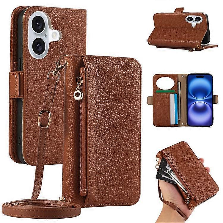 Compatible For iPhone 16 Wallet Phone Case Shockproof TPU+PU Leather Flip Cover with Mirror, Strap