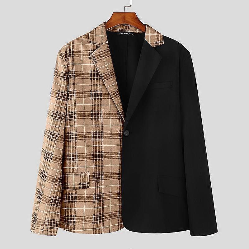 INCERUN Autumn Spring Men Lapel Long Sleeve Blazer One Button Patchwork Plaid Suit Coats