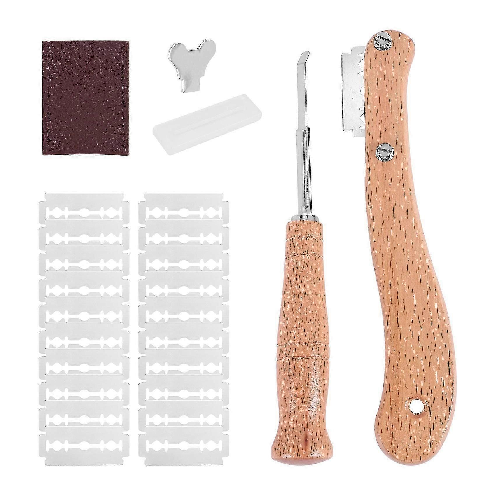 2 Pcs Wooden Handle Bread Lame Bread Slashing Tool Dough Scoring Tools with 10 Pieces Replaceable Blades suitable for Baking