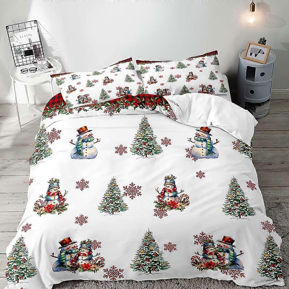 3 PCS King Size Duvet Cover Bedding Set White Snowman Christmas Tree Red Snowflake Plaid for Kids Holiday Decor