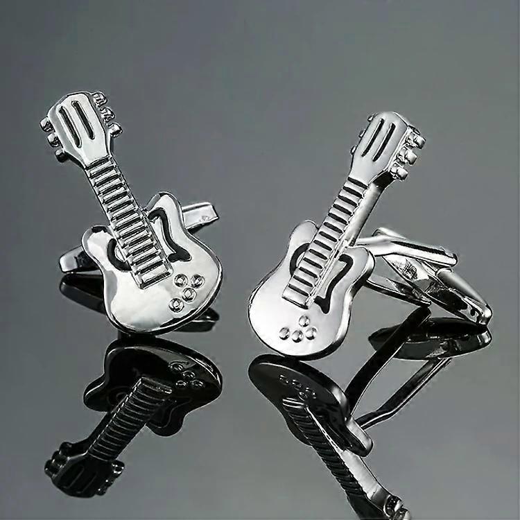 Brass Music Note Cufflinks-2 Pairs,Silver & Black Guitar Design