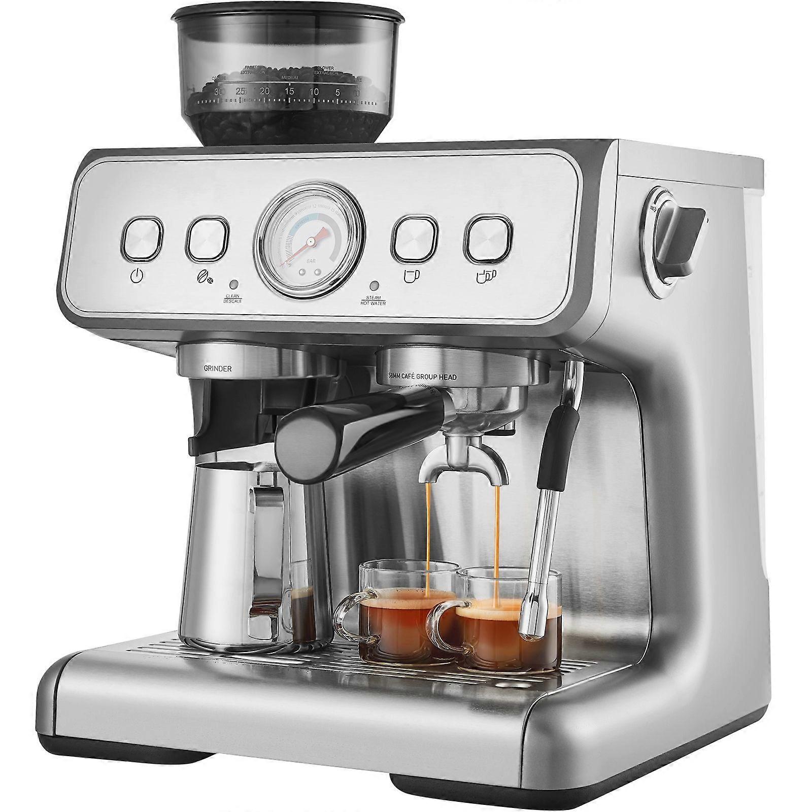 Espressomaschine mit Mahlwerk, halbautomatische 15-Bar-Espressomaschine mit Milchaufschäumer-Dampfstab, abnehmbarem Wassertank