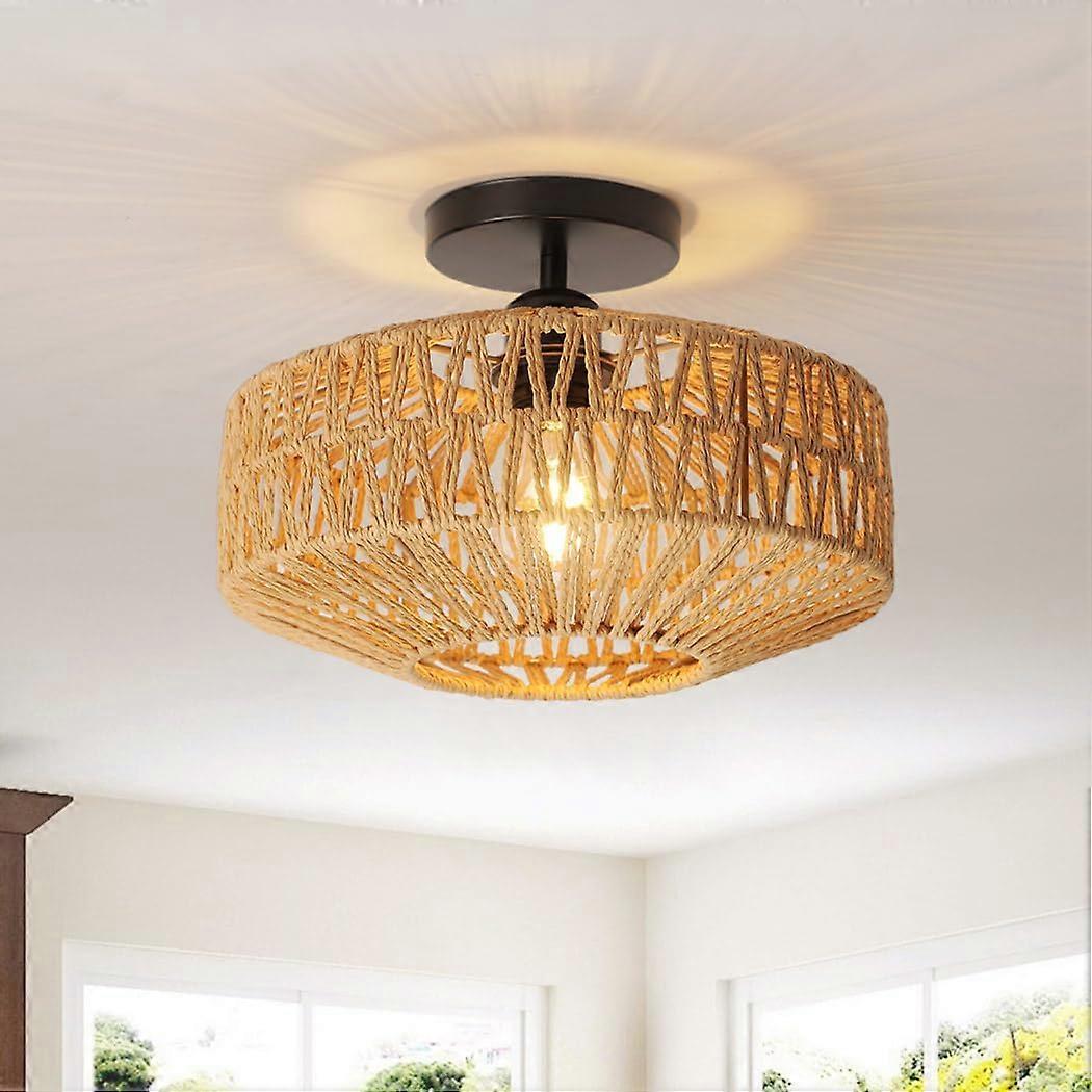 Boho Light Fixtures Ceiling Mount,11.8' Coastal Hand-Woven Rattan Ceiling Light, Rustic Semi Flush