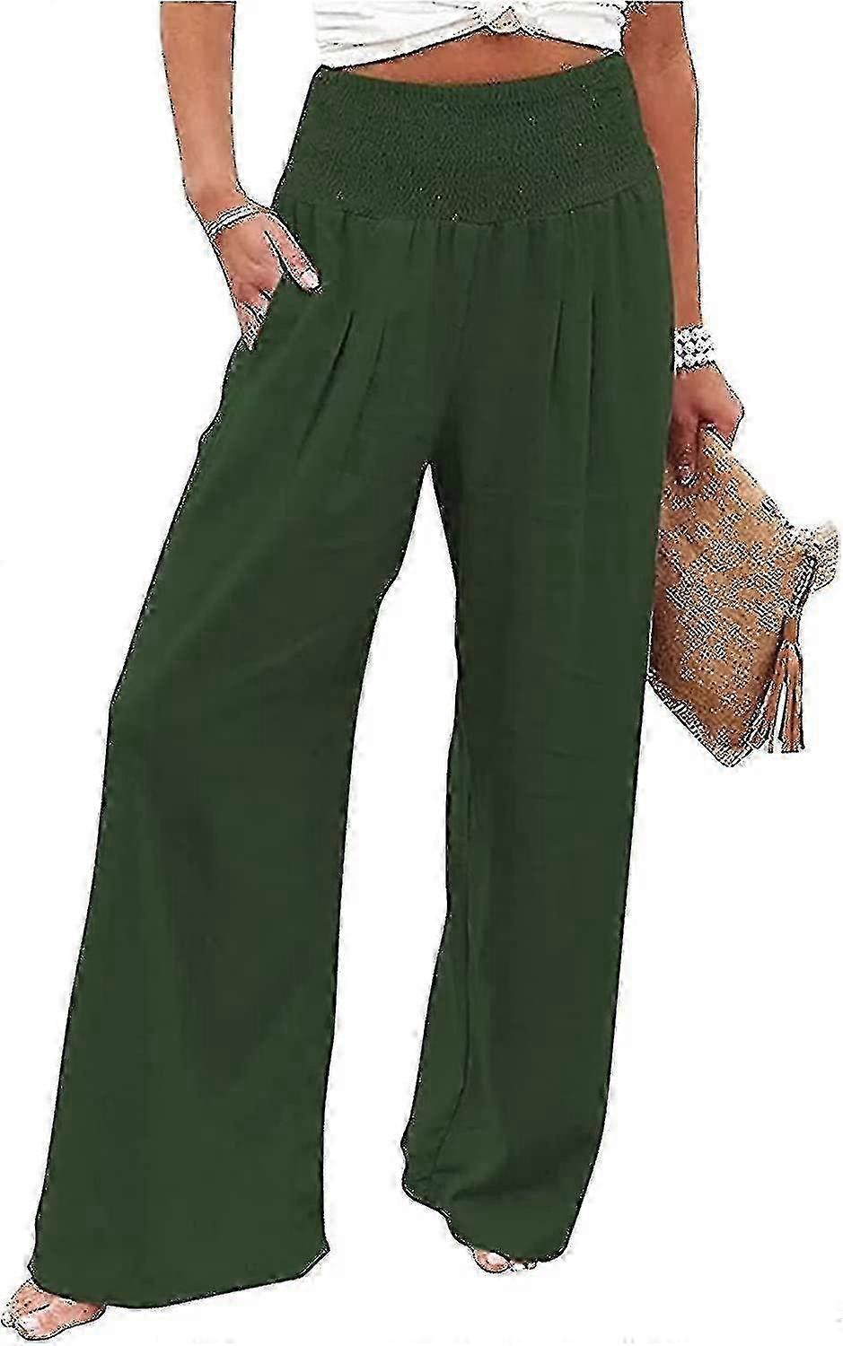 Asksa Pantalon large en lin pour femme Pantalon taille haute