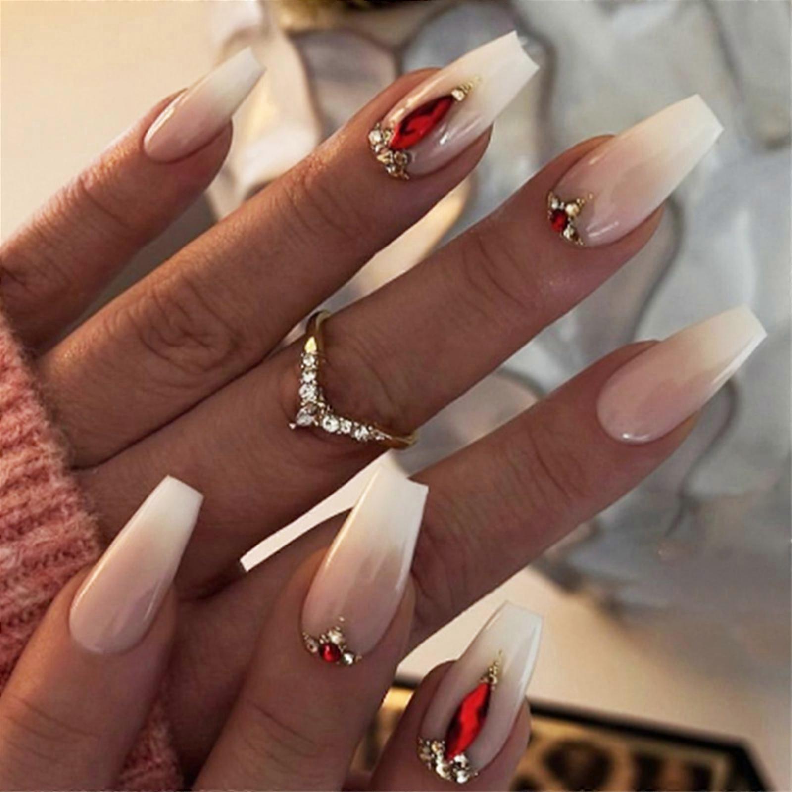 נושא רומנטי לחץ על ציפורן עם אבני חן פרטים ציפורן מלאכותית מבריק כיסוי מלא מקל על ציפורן לנשים 24 יחידות