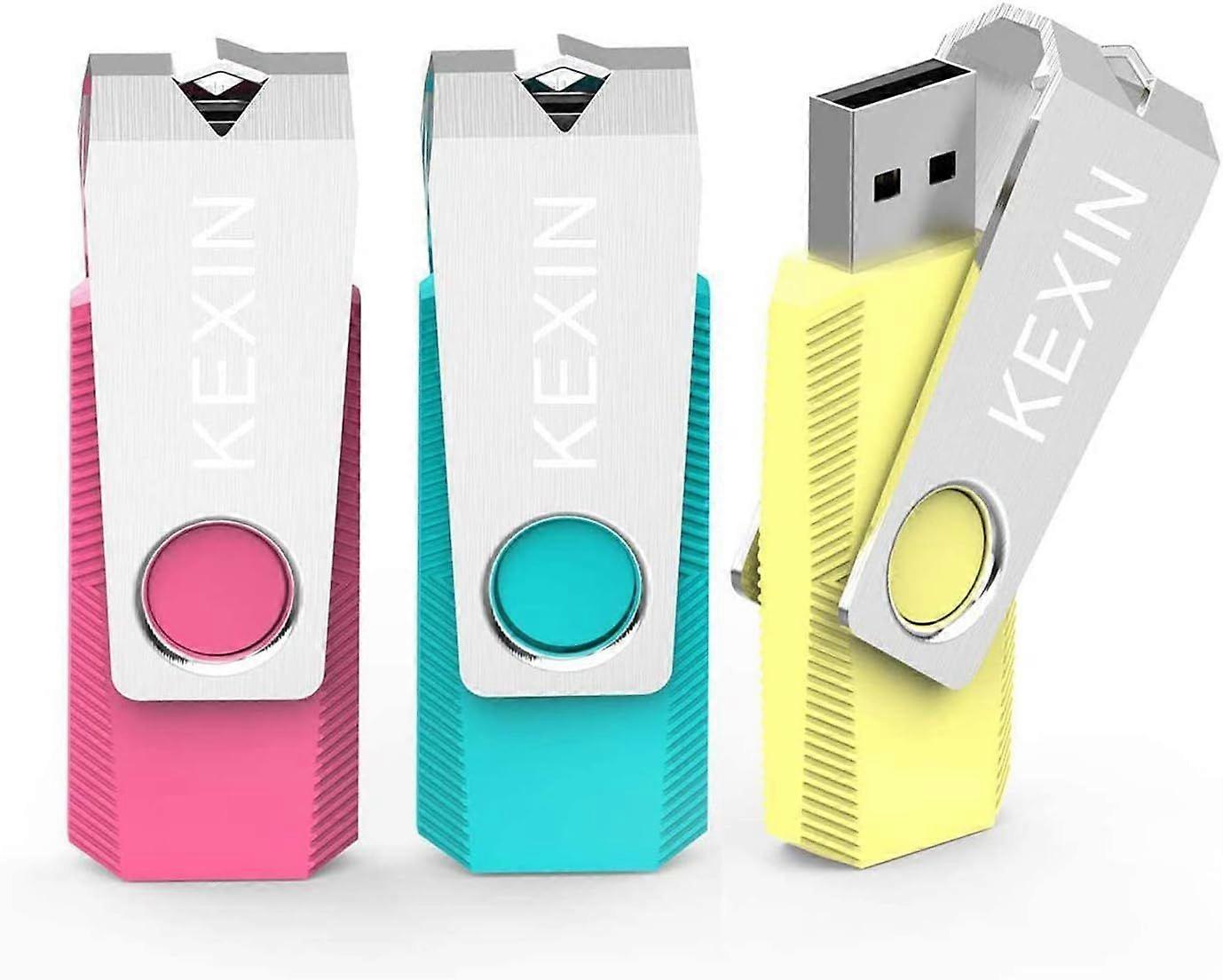 64GB 3 Pack USB Flash Drive - 3-in-1 Swivel Pen Drive with LED Indicator - Pink