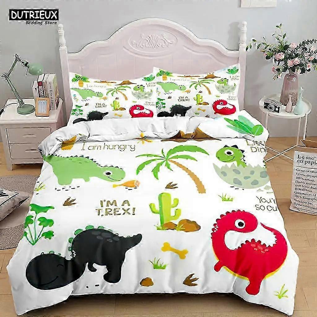 Conjunto de Cama de Dinossauro de Desenho Animado em Branco, Roupa de Cama de Poliéster Macio para Crianças e Meninos, Conjunto de Capa de Edredom Duplo com Lençóis de 3 Peças e Edredom 