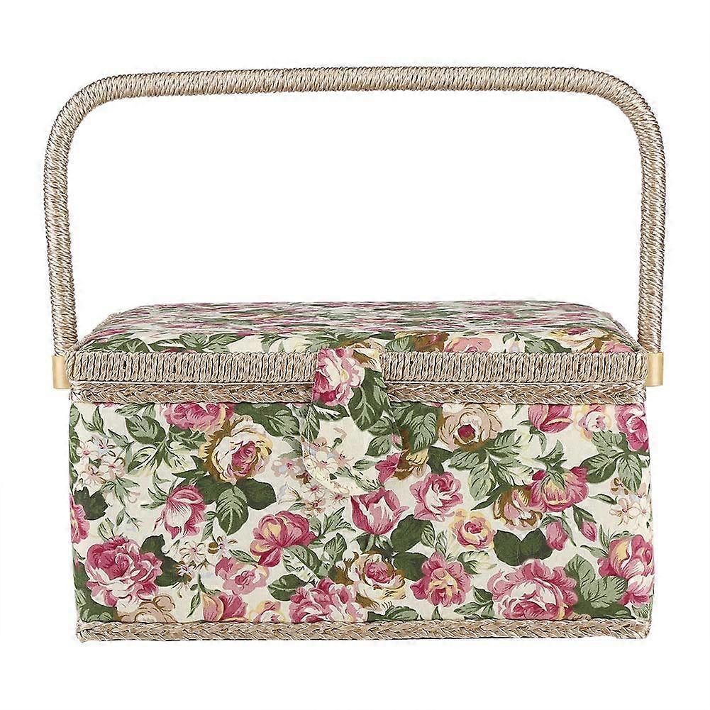 Large Sewing Basket with Handle, Floral Fabric Craft Organizer, Needle Storage Box with Scissors and Thread, Ideal for Crafters