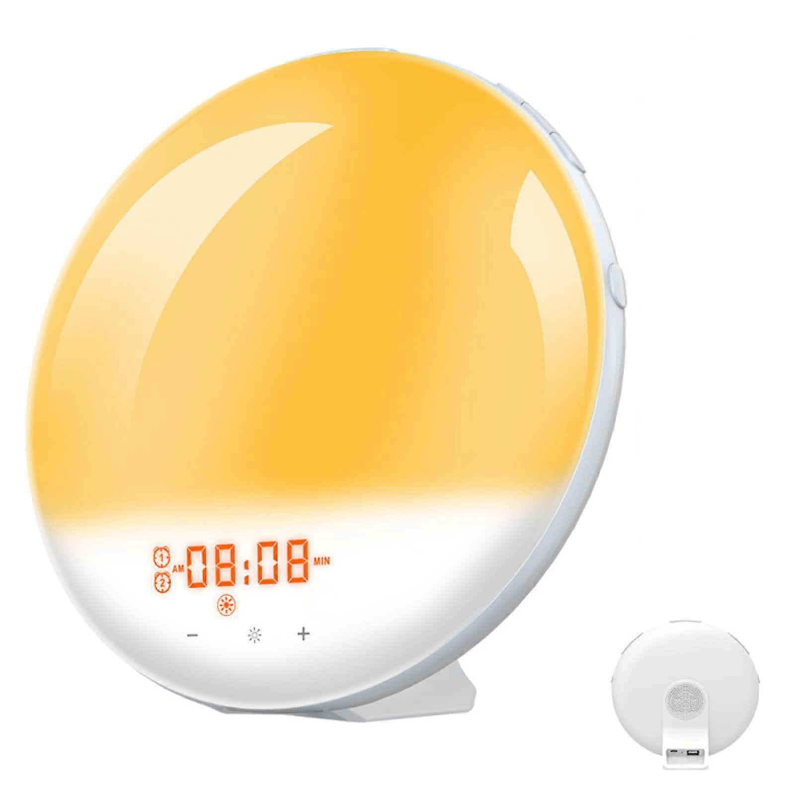 The wakeup light sunrise alarm clock features sunrise simulation, sleep aid, and FM radio.