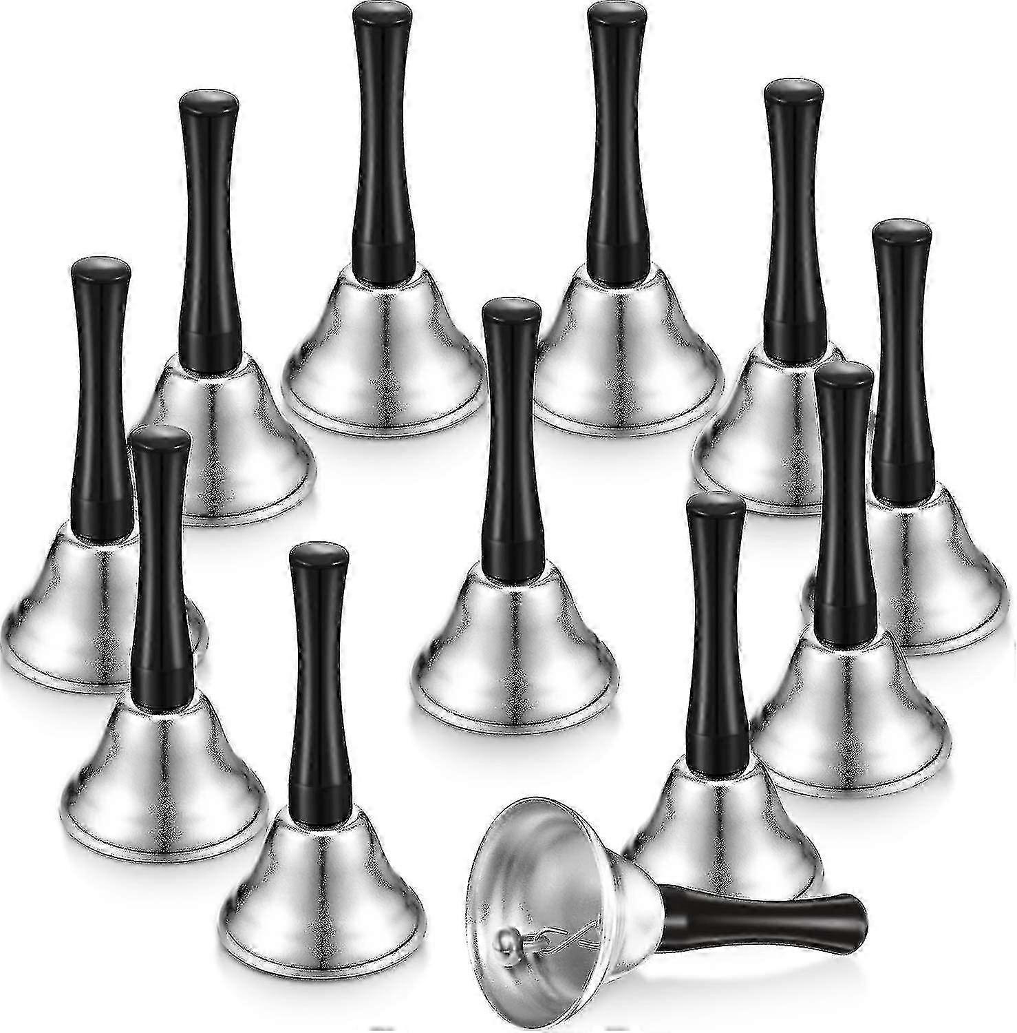 12 Metal Hand Bells, Call Bells, Service Bells with Black Wooden Handle, Percussion Instruments for Schools (Silver)