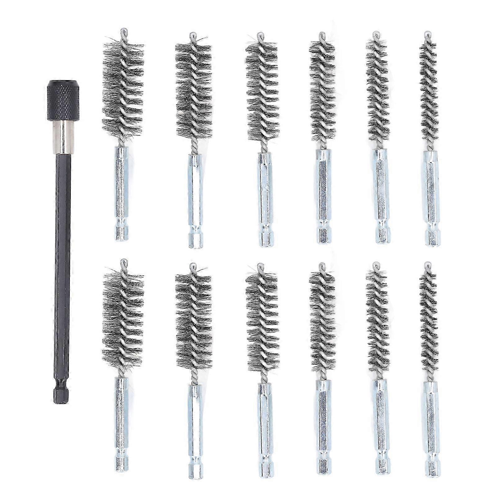 13 Pcs Bore Brush Set 8mm 10mm 12mm 15mm 17mm 19mm Diameter 1/4in Shank Drill Cleaning Brushes with 15cm Extension Rod Steel Wire