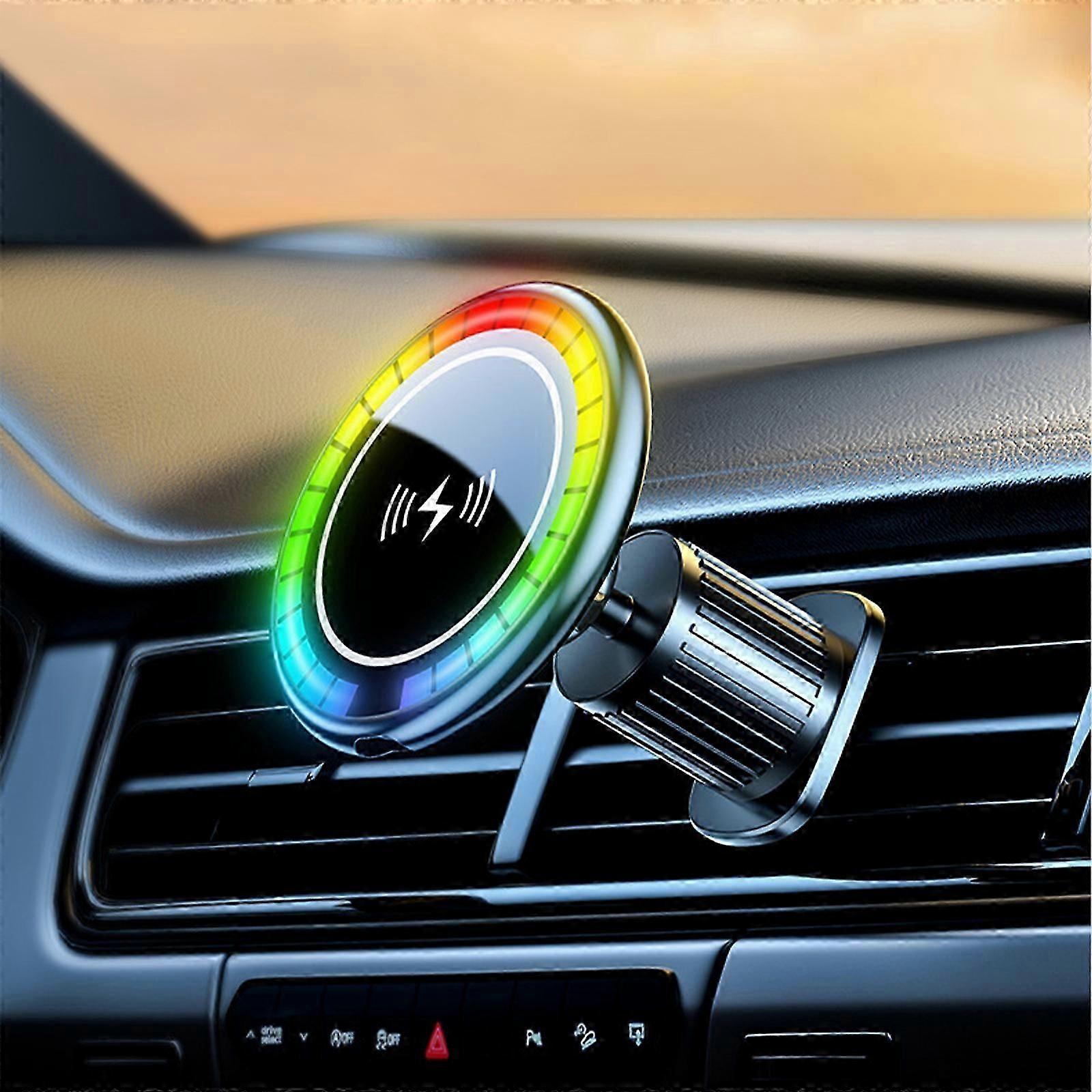 حامل شاحن سيارة لاسلكي مغناطيسي RGB ، حامل هاتف متوافق مع MagSafe iPhone 12/13/14 ، شحن سريع 15 واط