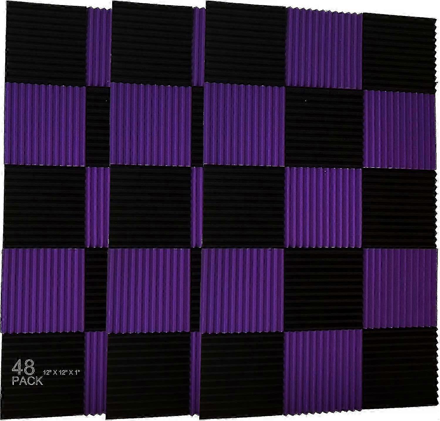 48Pack 12X 12X1 Black/Purple Acoustic Panels for Studio Soundproofing Foam Wedge Tiles