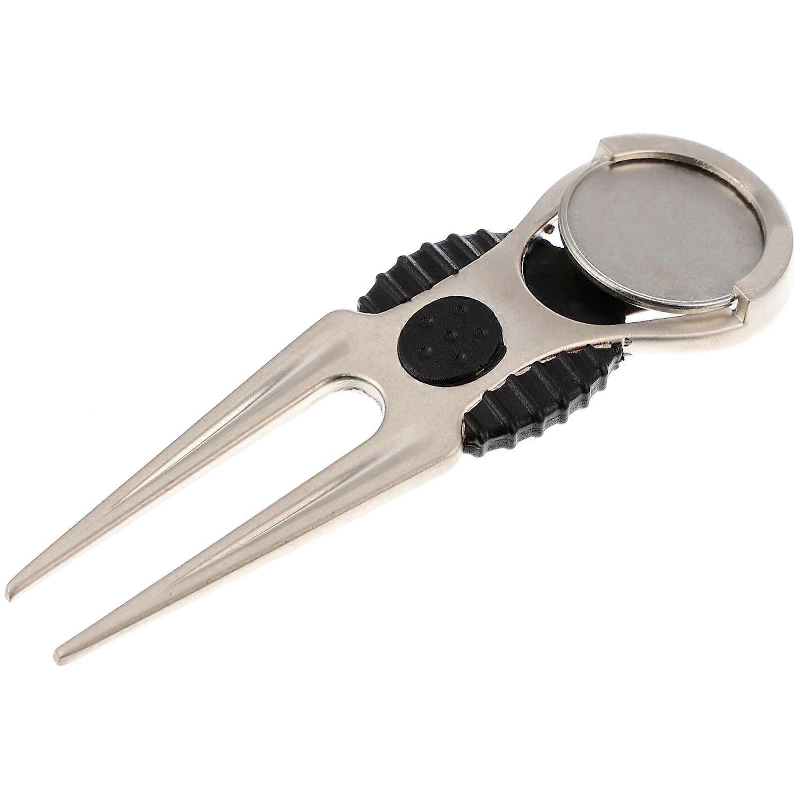 Golfs Divot Fork Made of Zinc Alloy for Outdoor Use with Silver Color and Strong Magnets 1pc