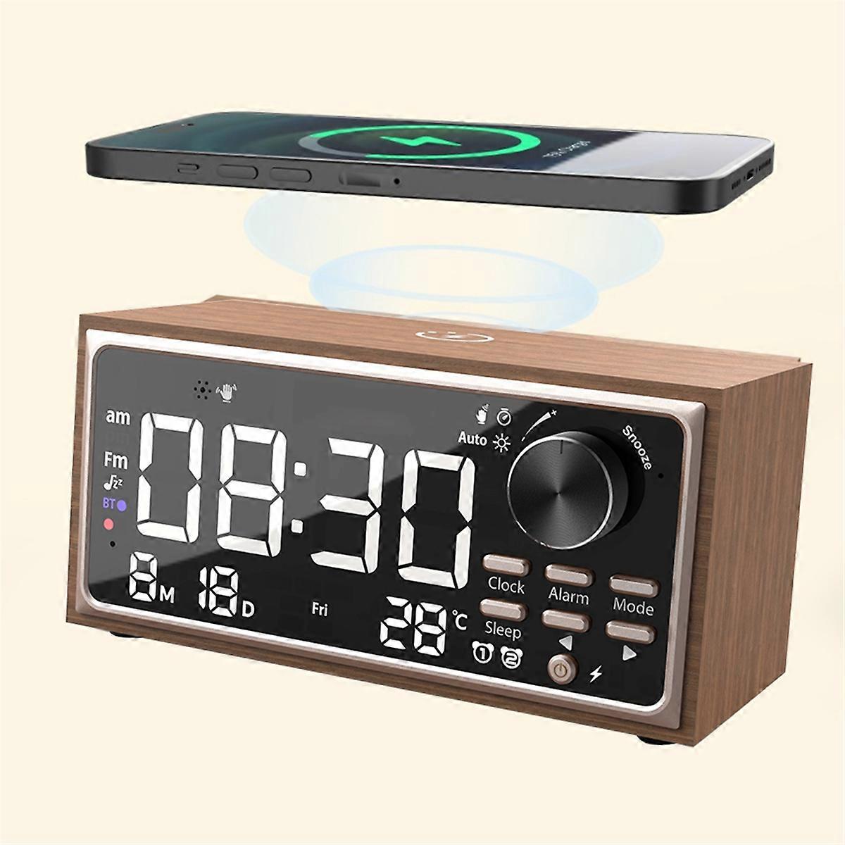 Vintage Dual Alarm Clock Radio with Wireless Charging, FM Radio, LED Display, Dimmer Control for Bedroom