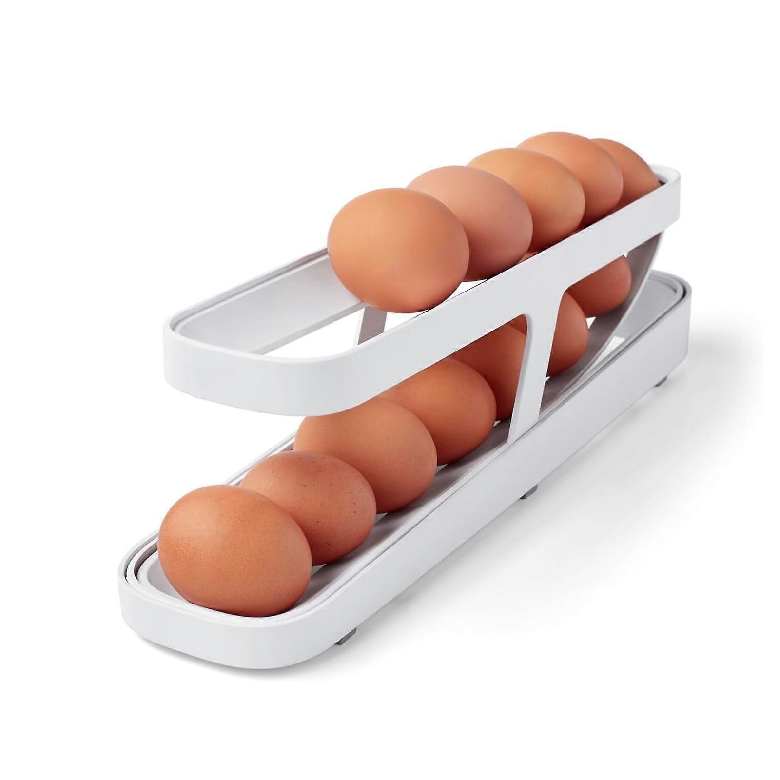 Egg Holder for Refrigerator, Automatic Rolling Egg Dispenser, White Egg Tray for Kitchen Organization and Storage