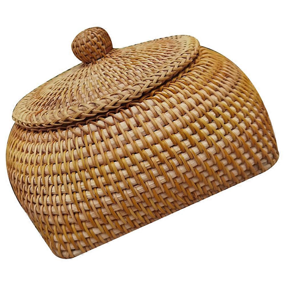 Light Brown Straw Woven Basket with Lid for Decoration Suitable for Home Bakery Storage 9.5 x 9.5 x 4.5 Inches