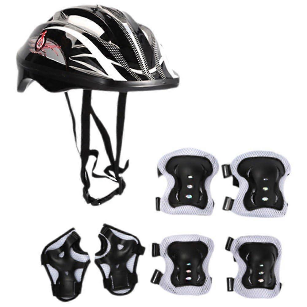 Children's Bicycle Helmet and Pad Set Adjustable Size Black Skateboard Helmet Knee Pads Elbow Pads Wrist Guards Portable