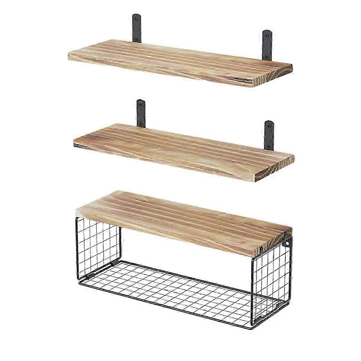 Floating Bathroom Wall Shelves with Wire Basket for Wall Decor