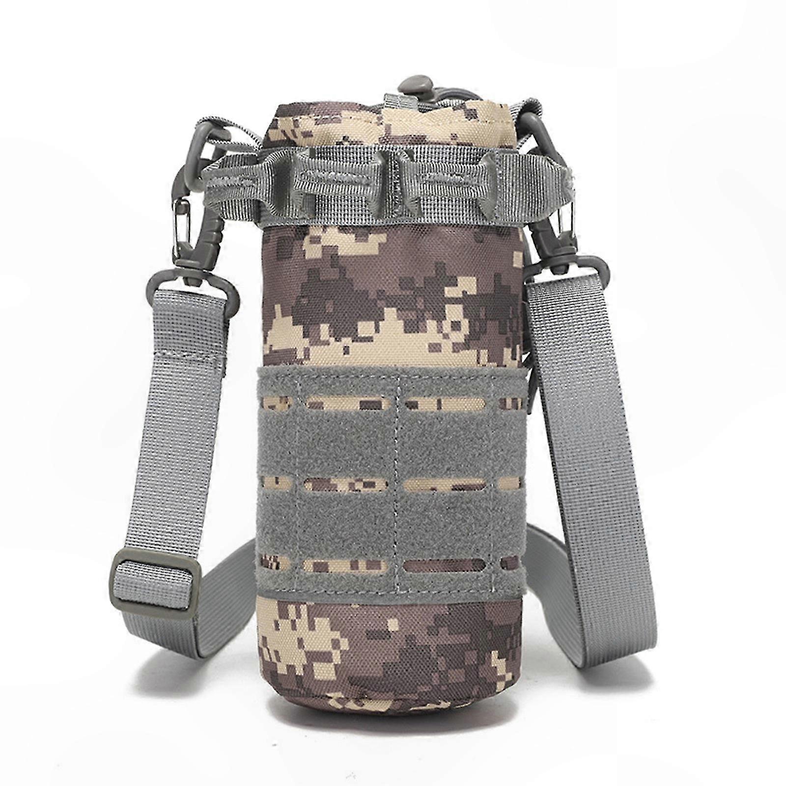 Nylon Water Bottle Holder with Drawstring Closure for Outdoor Use Dark Night Camouflage Pattern Drink Pouch Carriers Bag