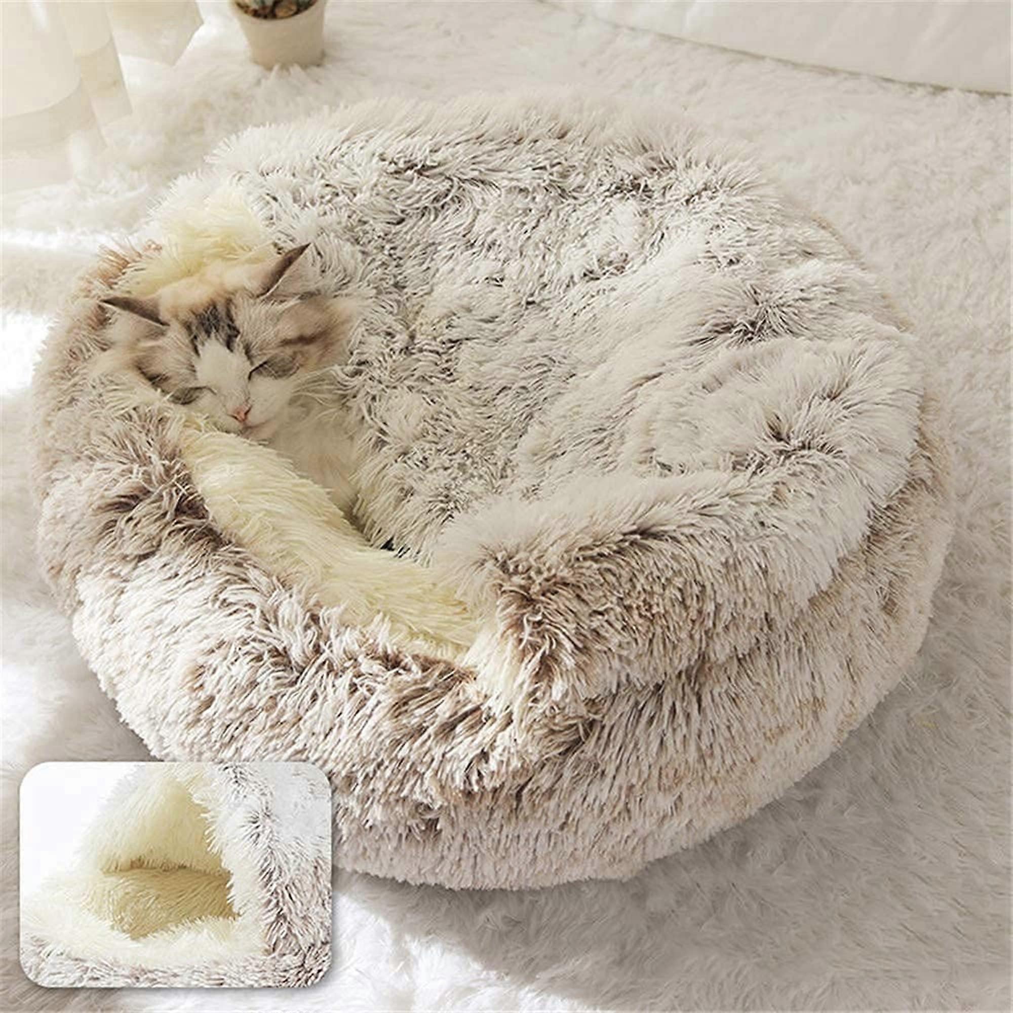 Cat Sofa Bed Donut Style Cave Cat Bed, 35cm Plush Coffee, Indoor Cats Kitten Puppy Calming