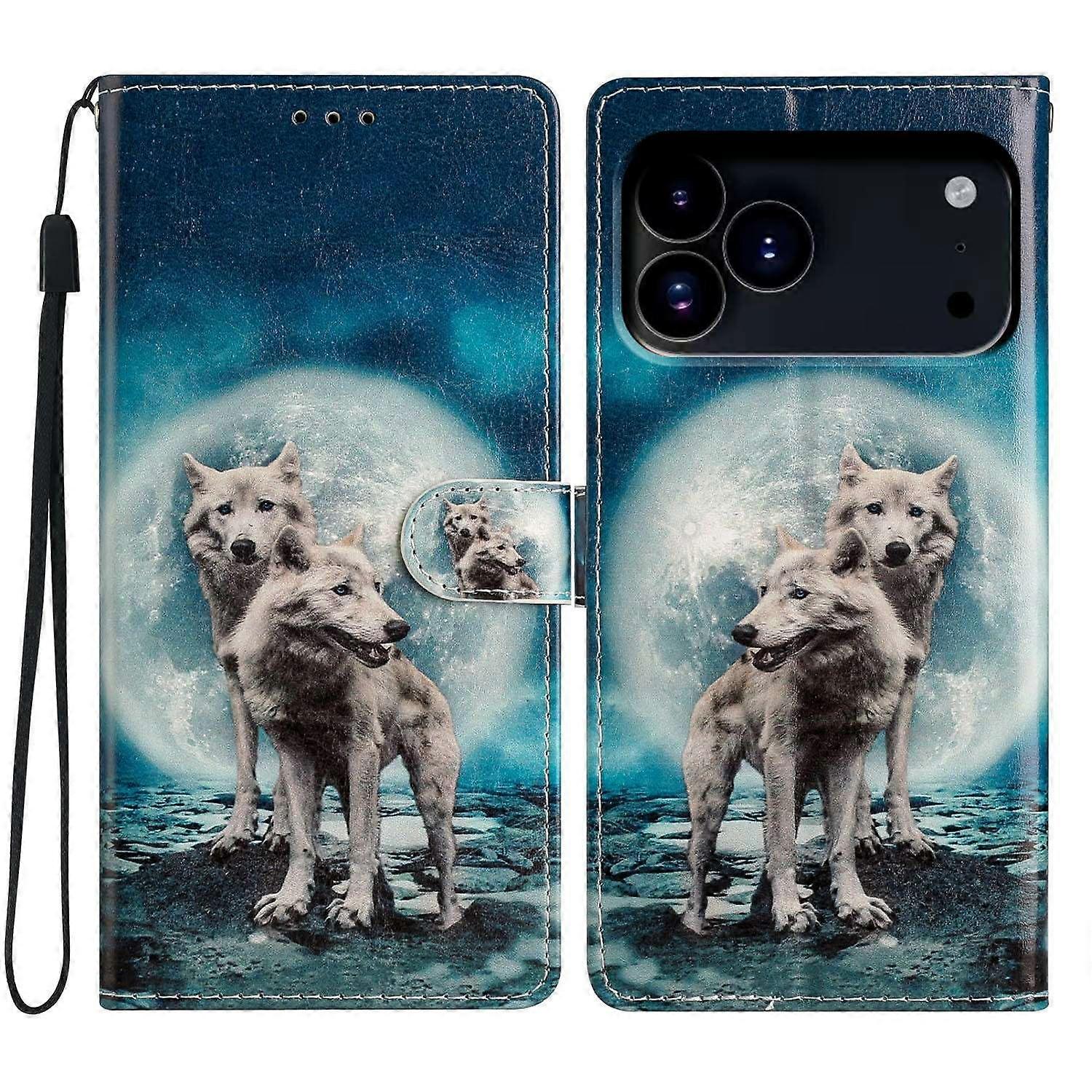 For iPhone 17 Pro Wallet Case PU Leather Pattern Printing Stand Phone Cover with Strap - Two Wolves