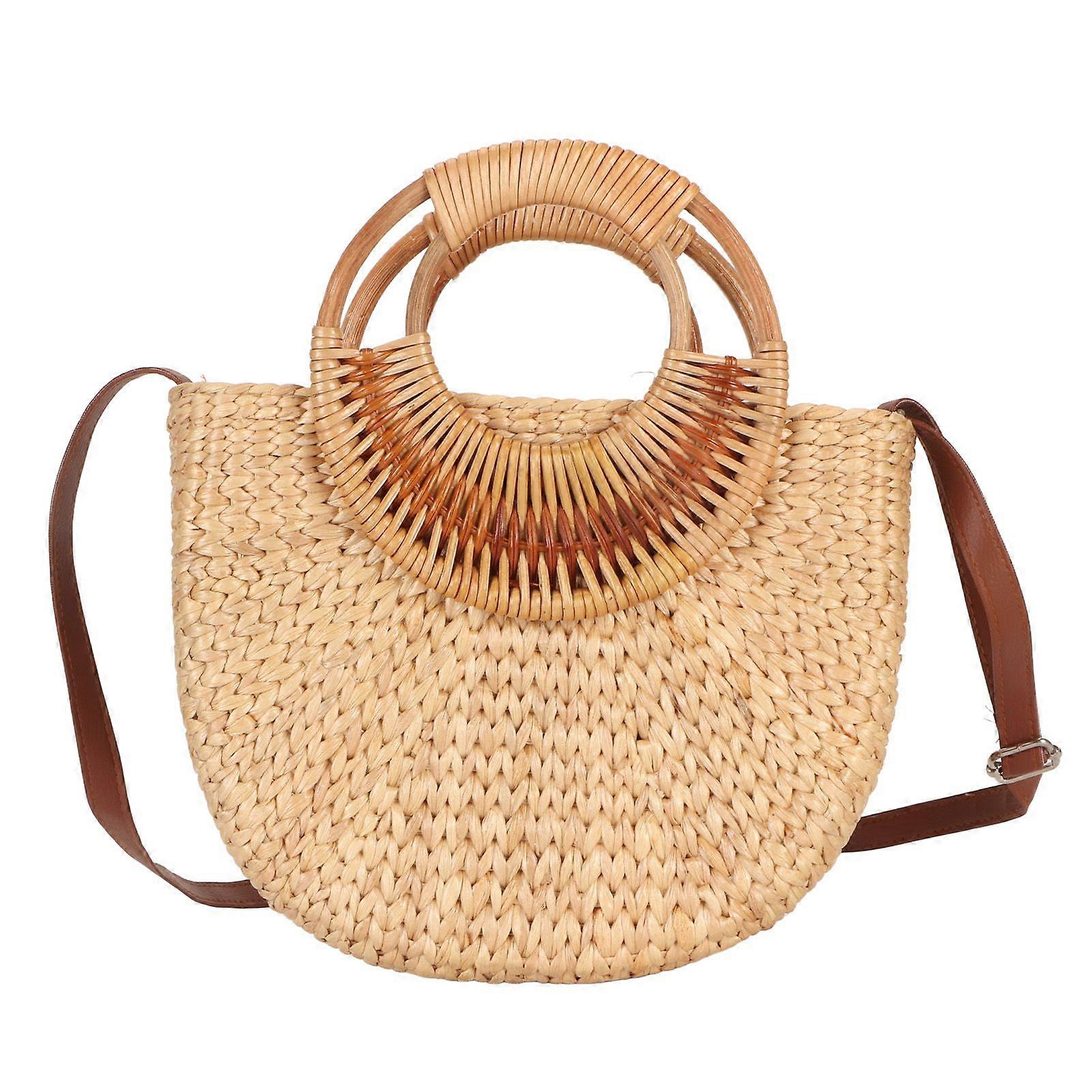 Women Rattan Bag Retro Fashion Small Semicircle Handwoven Straw Shoulder Bag Clutch Bag for Beach Travel
