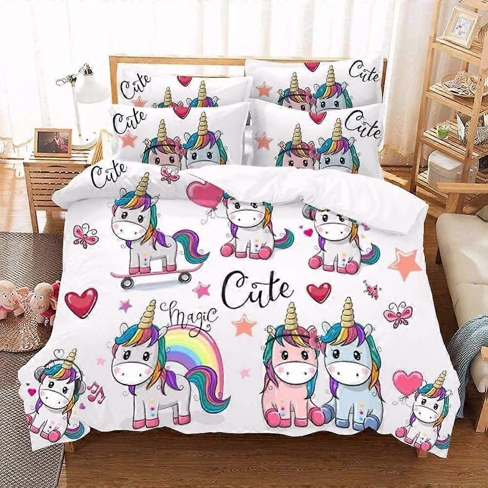 d333 3D Printed Duvet Cover Single Cartoon Animal Unicorn 3 Pcs Bedding Set With Zipper Closure + 2 Pillowcases Ultra Soft Hypoallergenic Microfiber