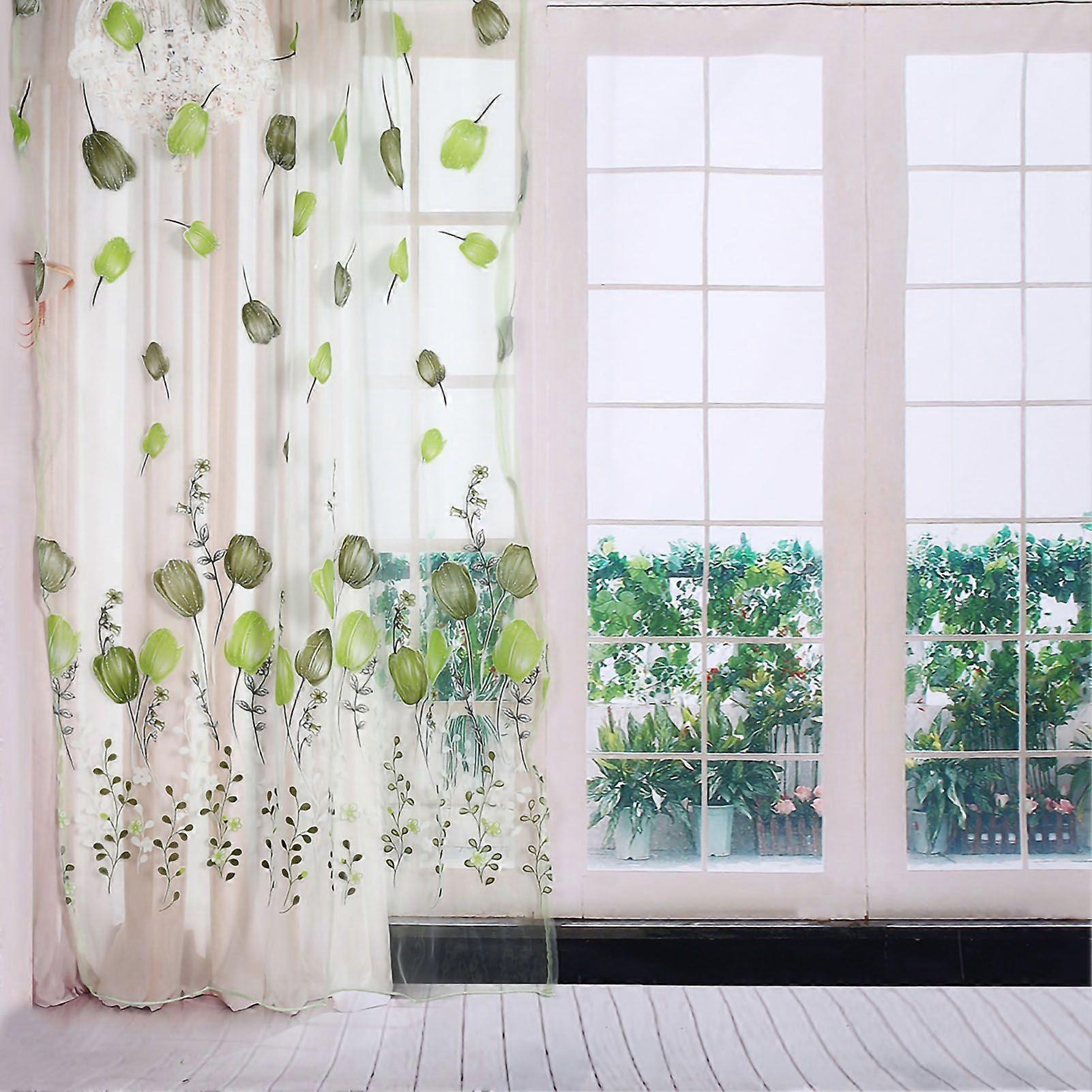100*200cm Tulips Printing Tulle Curtains Sheer Drape Balcony Window Decoration Green