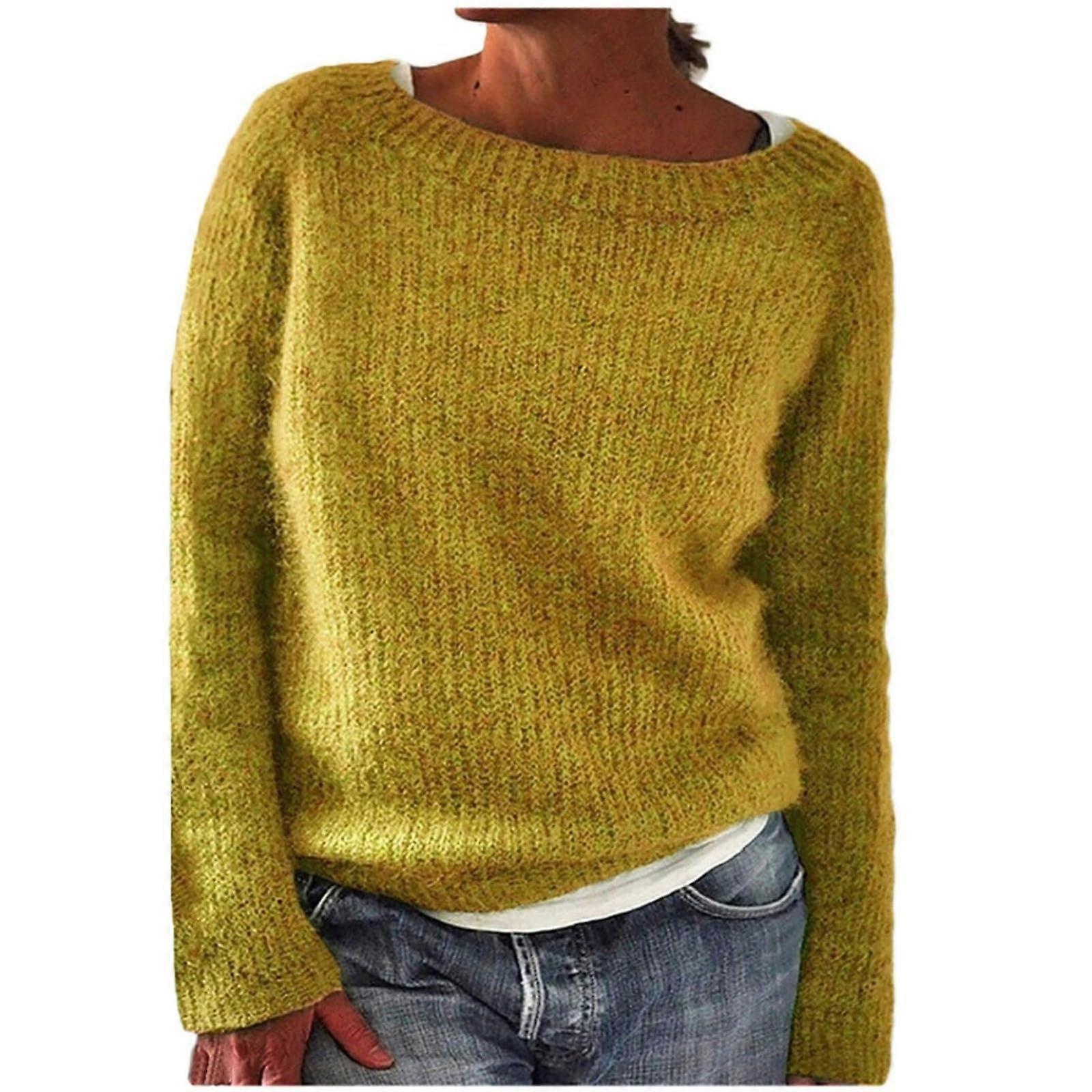 Damen Pullover Langarm U-Boot-Ausschnitt Basic Strickpullover Pullover Top Pulli Gelb M