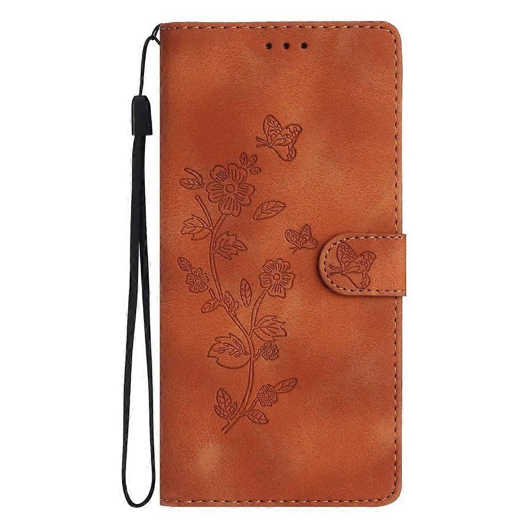ButterflyEmbossed Flip Wallet PU Leather Shockproof Magnetic Closure Kickstand Card Slots Brown Case for Samsung Galaxy A20e