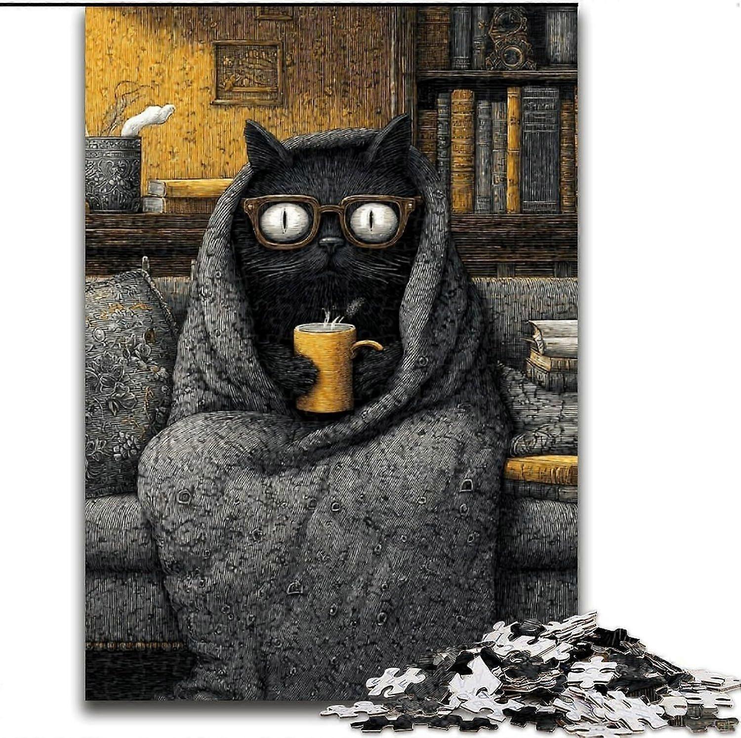 Jigsaw Puzzles for Adults Cat Drinking Coffee Puzzle,Vibrant And Unique Design Relaxing & Challenging Puzzle Experience - PT 3321