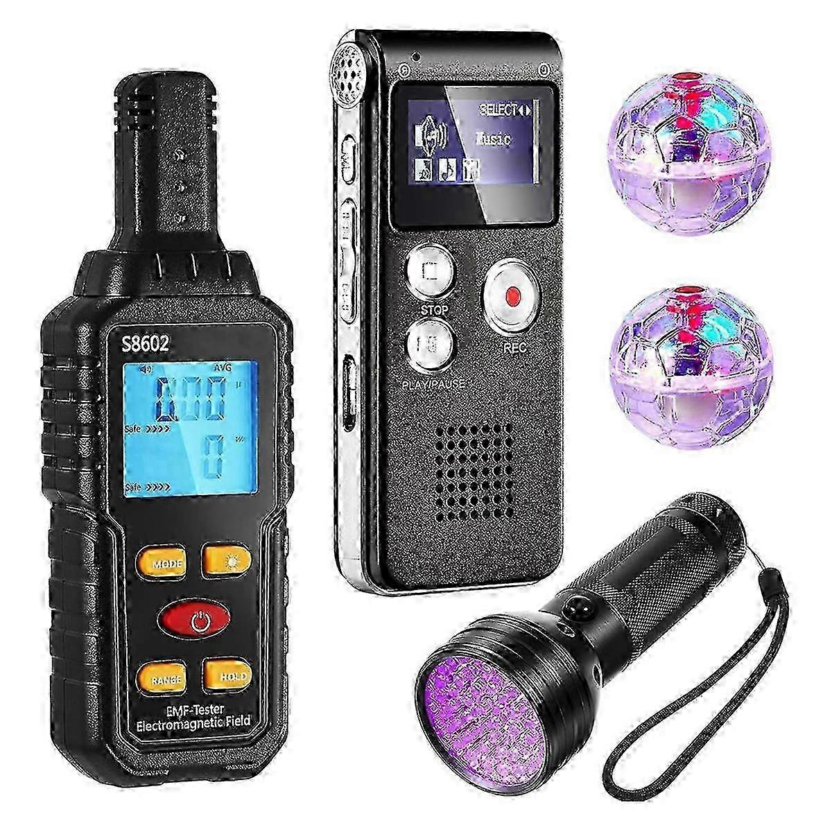 2025 7pcs Ghosthunting Kit 1pc 8gb Voice Recorder 1pc Emf Meter Magnetic Field Detector 4pcs Cat Ball 1p