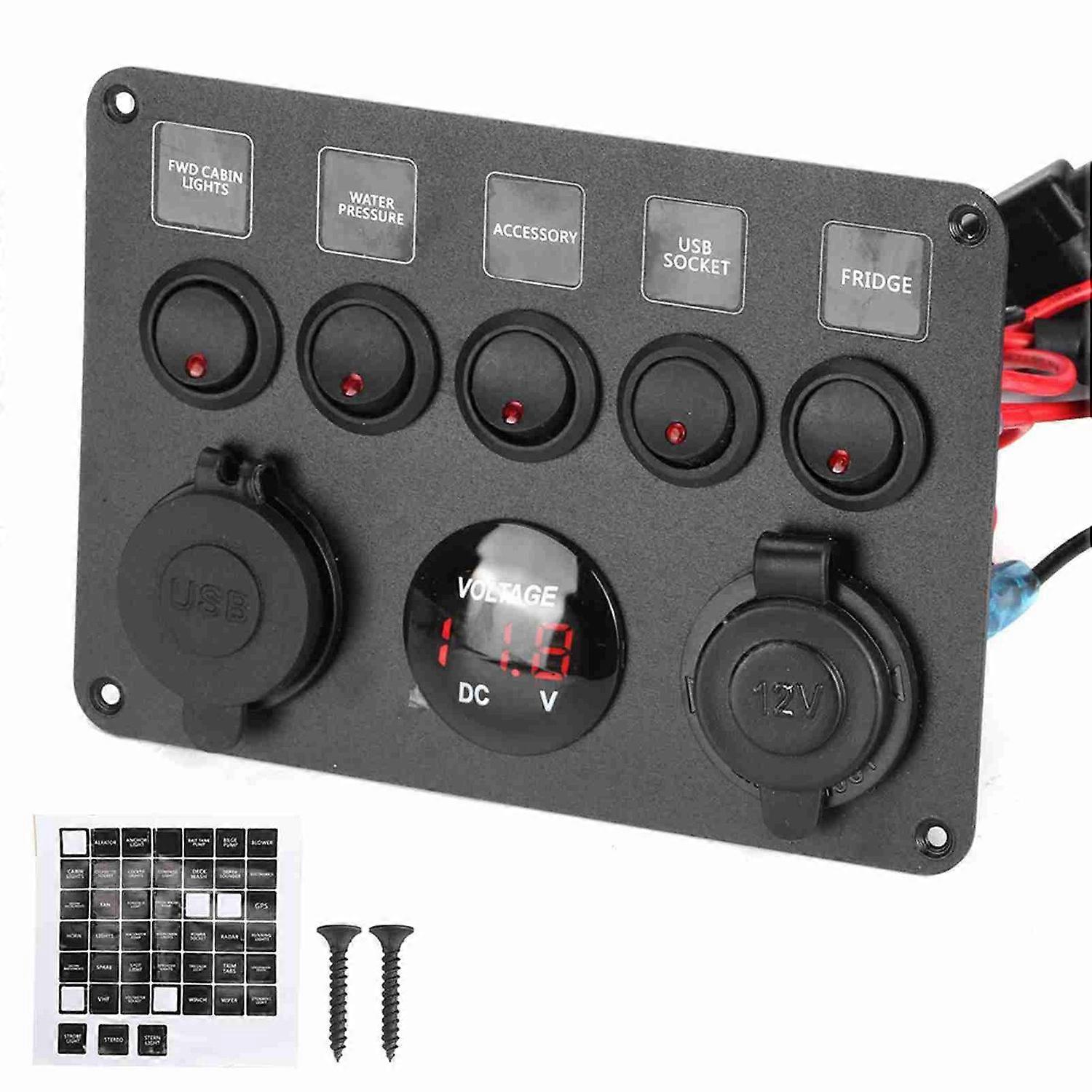5 Gang LED Toggle Switch Panel with Digital Voltmeter Universal for RV Car MotorboatRed