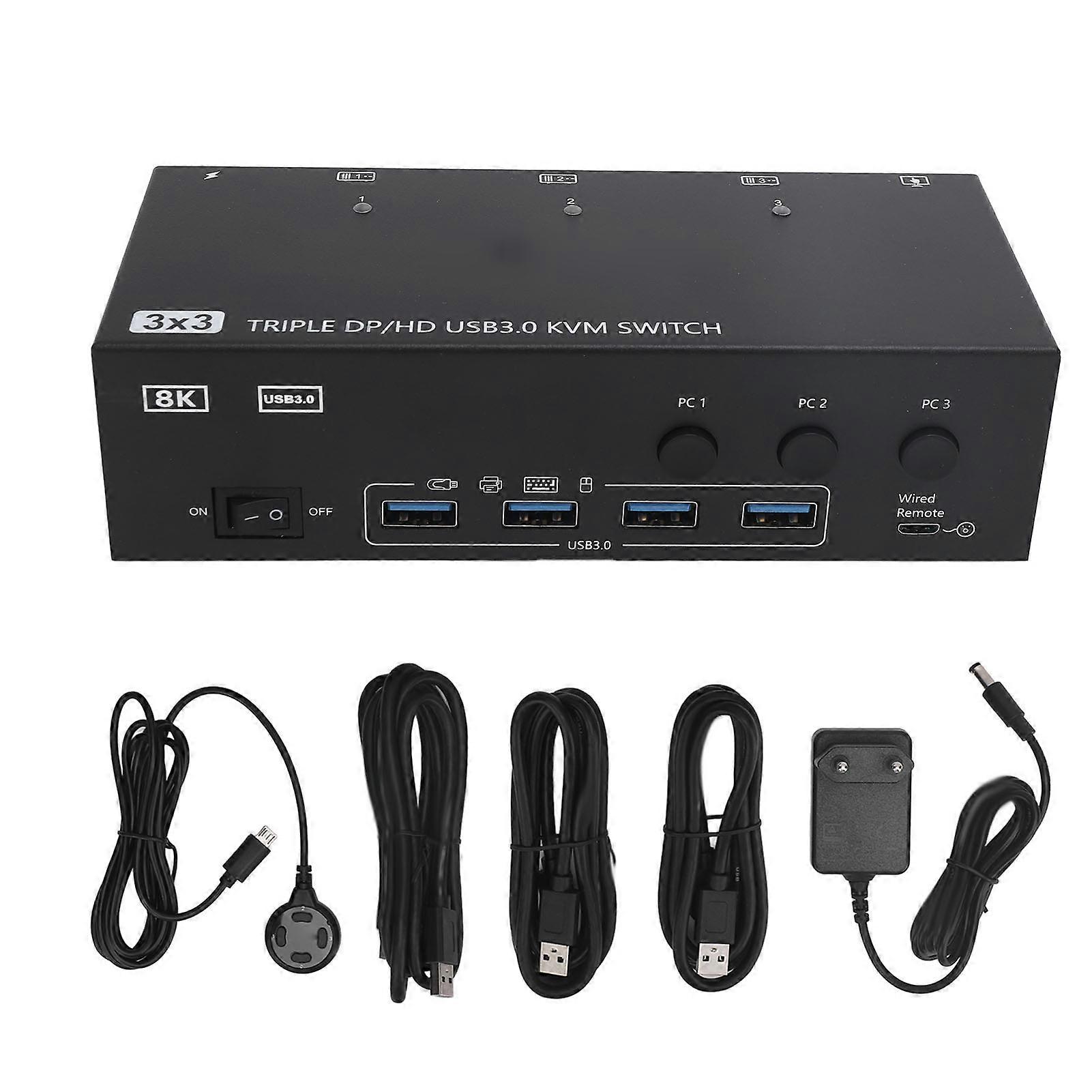 DisplayPort HD USB 3.0 KVM Switch 8K 60Hz 4K 144Hz for 3 Computers 3 Displays 4 USB Devices