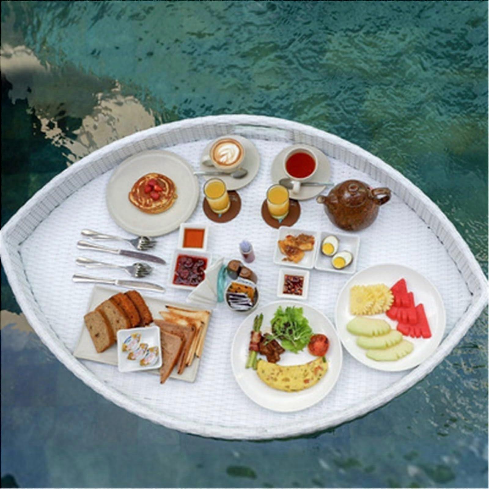 Swimming Pool Floating Tray Rattan Woven Breakfast and Drink Holder for Spa Parties White