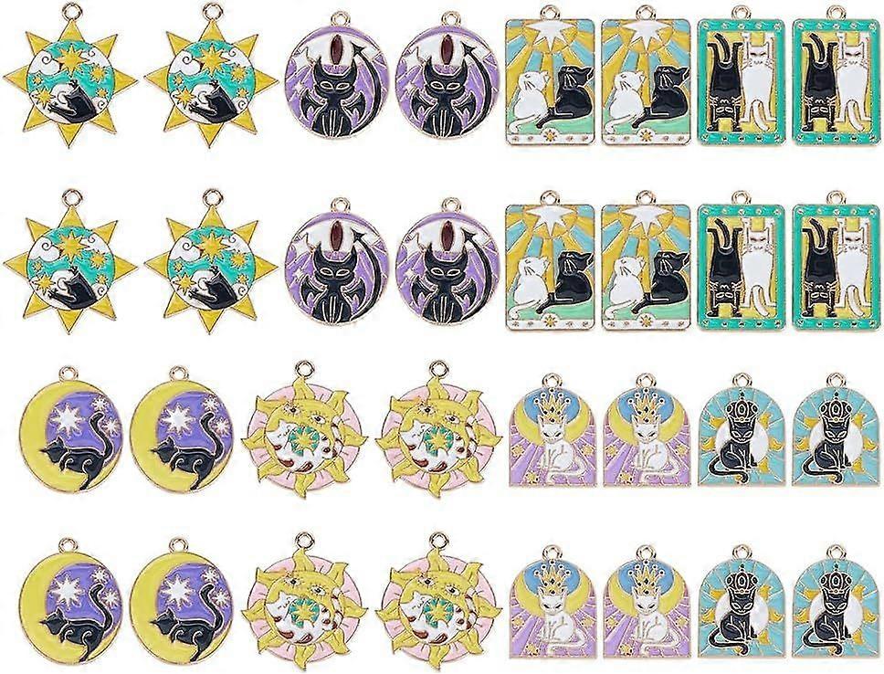 32Pcs 8 Styles Cat Pattern Charms Alloy Tarot Card Charm Enamel Tarot Charm Golden Oval Sun Arch Rectangle Charms with Cat Pattern for Bracelets Neckl