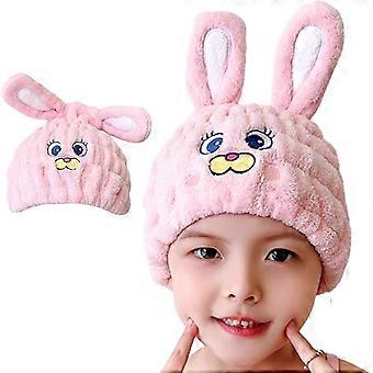 Kids Microfiber Hair Towel Wrap - Pink Bunny Dry Hair Cap, Super Absorbent & Lightweight Elastic Headscarf for Girls Boys Wet Hair Drying
