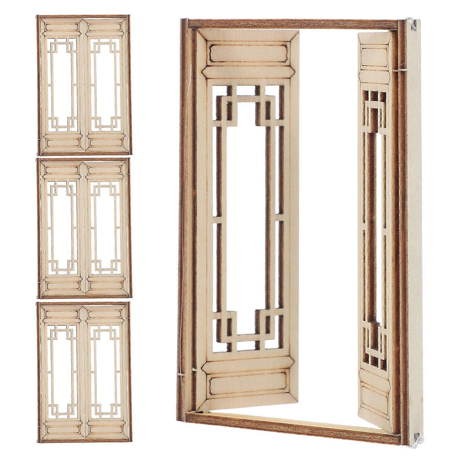 Vintage Mini Wooden Dollhouse Window Frames 4 Pcs Engraved Patterns For Creative Architectural Model Making