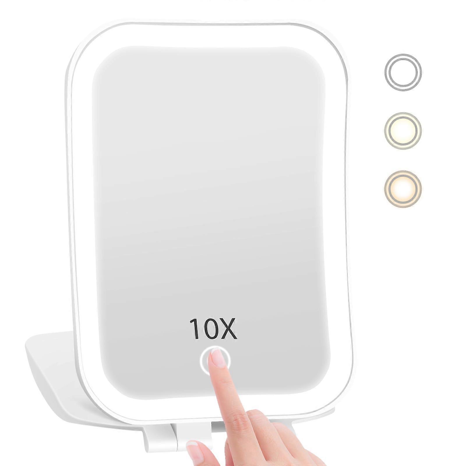 Lighted Travel Makeup Mirror 10x Magnification with 3 Color Modes, Rechargeable TypeC Foldable Design