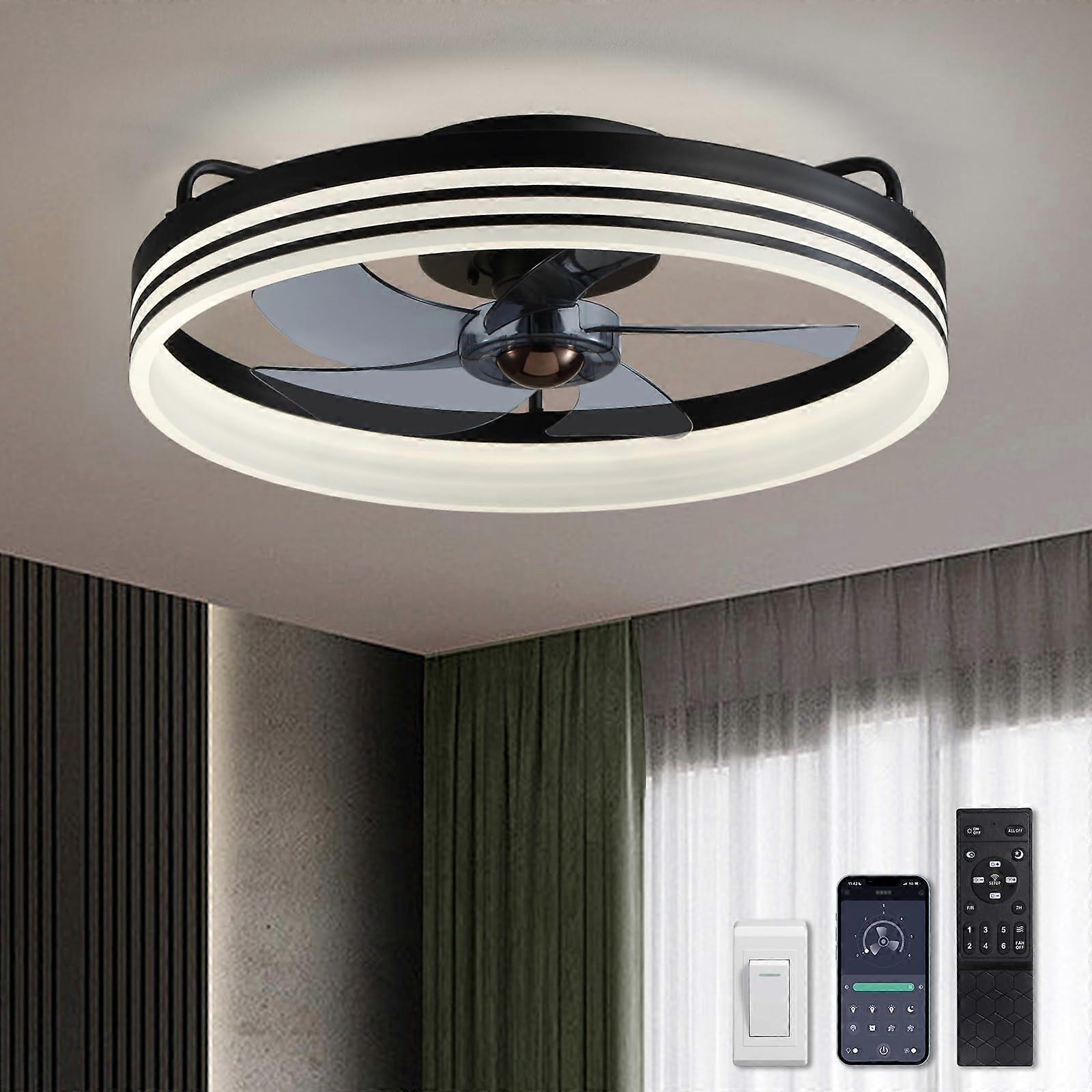 Ceiling Fan with Light, Flush Mount, Remote Control, Dimmable LED, 6 Speeds, Reversible Motor, Quiet, 20' Black