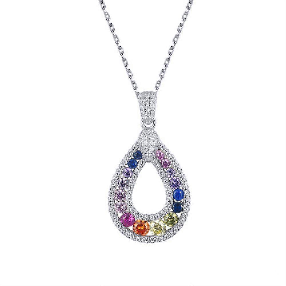 Jewelco London Rhodium Silver Rainbow Round Brilliant CZ Double Halo Magic Avocado Pendant Necklace