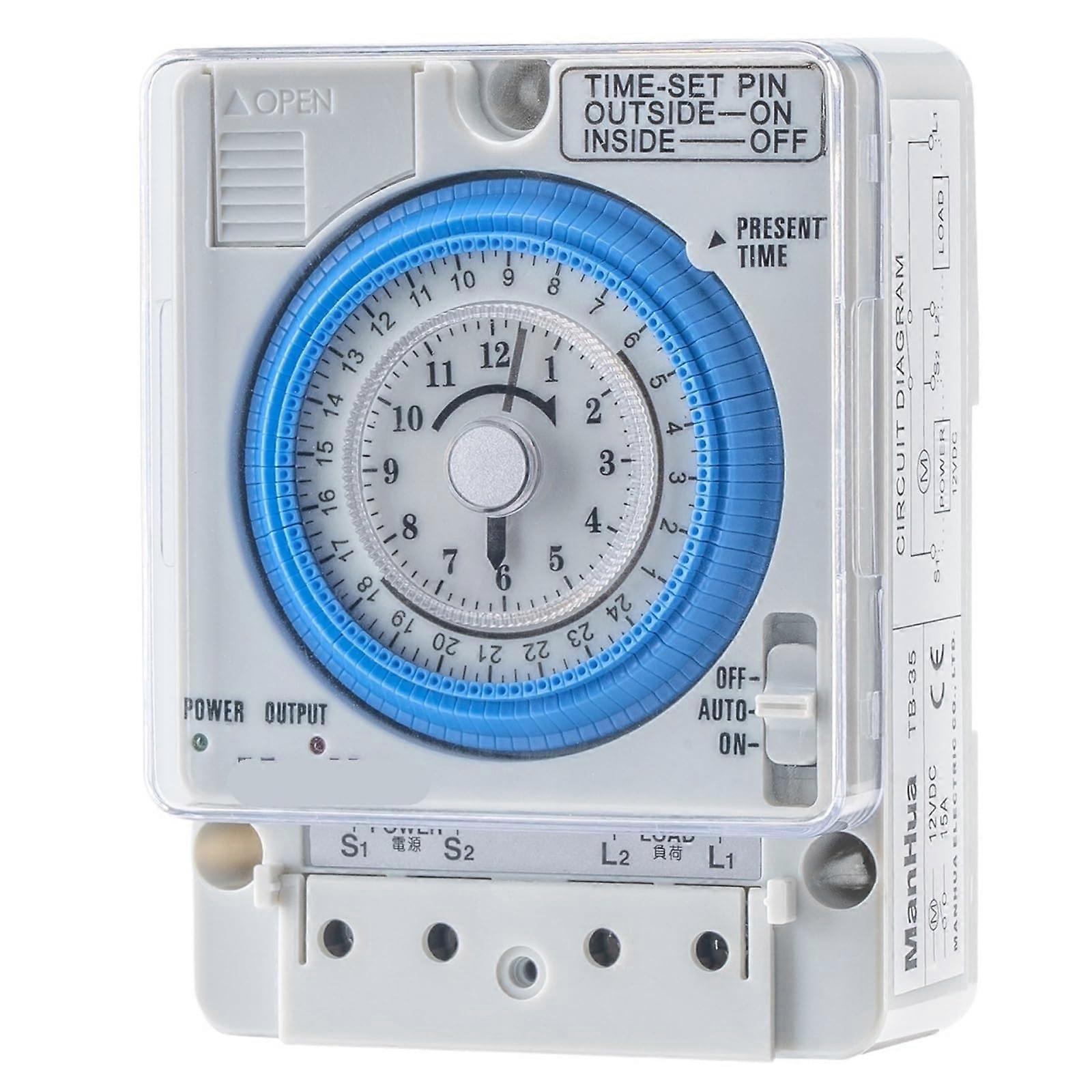 24 Hour 12VDC 15A Din Rail Timer Switch, Analog Mechanical Time Controller for Energy Saving