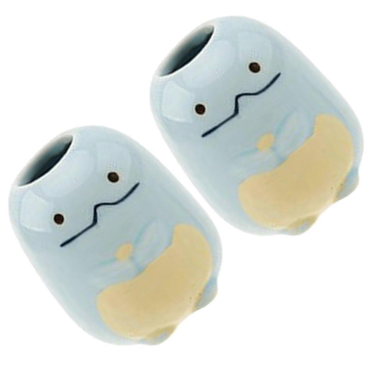 2pcs Ceramic Toothbrush and Toothpick Holder Blue Cartoon Design Compact Bathroom Accessory